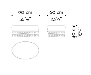 Dimensions of Istanbul, a fabric or leather pouf with a wooden fringed base, from Promemoria's Capsule Collection by Bruno Moinard | Promemoria