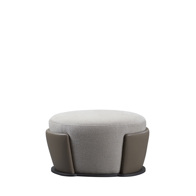 Rosaspina is a pouf covered in fabric and leather and a metal base, from Promemoria's catalogue | Promemoria