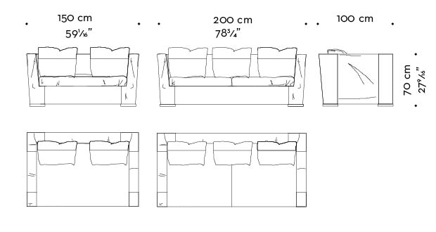 Dimensions of Dolce Vita, a sofa covered in fabric with leather details and bronze feet, from Promemoria's catalogue | Promemoria