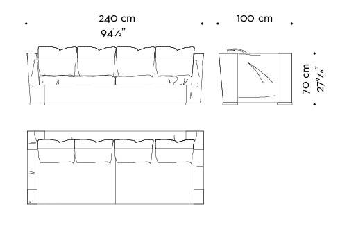 Dimensions of Dolce Vita, a sofa covered in fabric with leather details and bronze feet, from Promemoria's catalogue | Promemoria