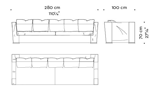 Dimensions of Dolce Vita, a sofa covered in fabric with leather details and bronze feet, from Promemoria's catalogue | Promemoria