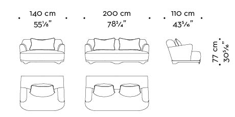 Dimensions of Dorian, a wooden sofa covered in fabric or leather that can be customized in size and shape, from Promemoria's catalogue | Promemoria