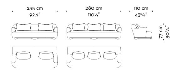 Dimensions of Dorian, a wooden sofa covered in fabric or leather that can be customized in size and shape, from Promemoria's catalogue | Promemoria