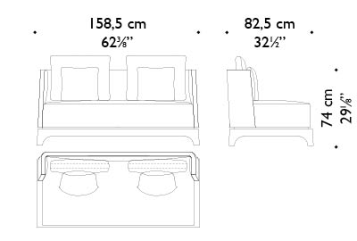 Dimensions of Eaton, a sofa with a wooden or bronze base covered in fabric, from Promemoria's The London Collection | Promemoria