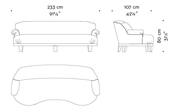 Dimensions of Gacy, a wooden sofa covered in fabric or leather, from Promemoria's catalogue | Promemoria