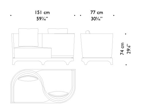 Dimensions of Grosvenor, a wooden loveseat covered in fabric with leather details and bronze base, from Promemoria's The London Collection | Promemoria