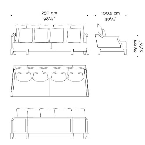 Dimensions of Lisandro, a wooden sofa with fabric covering and cushions, from Promemoria's Amaranthine Tales collection | Promemoria