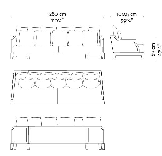 Dimensions of Lisandro, a wooden sofa with fabric covering and cushions, from Promemoria's Amaranthine Tales collection | Promemoria