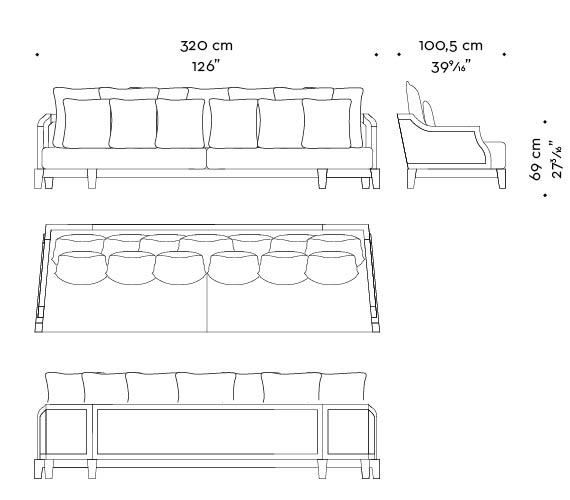 Dimensions of Lisandro, a wooden sofa with fabric covering and cushions, from Promemoria's Amaranthine Tales collection | Promemoria