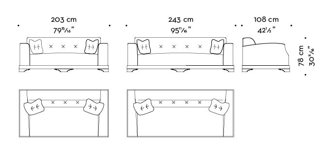 Dimensions of Mogador, a wooden sofa covered in fabric or leather with capitonnè backrest and cushions, from Promemoria's catalogue | Promemoria