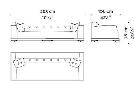 Dimensions of Mogador, a wooden sofa covered in fabric or leather with capitonnè backrest and cushions, from Promemoria's catalogue | Promemoria