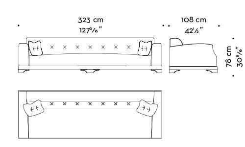 Dimensions of Mogador, a wooden sofa covered in fabric or leather with capitonnè backrest and cushions, from Promemoria's catalogue | Promemoria