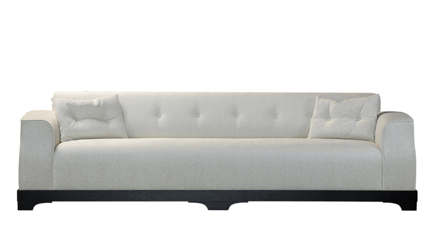 „Mogador“ ist ein Sofa aus Holz mit Stoff- oder Lederbezug sowie Rückenteil und Kissen im Capitonné-Stil, aus dem Katalog von Promemoria | Promemoria