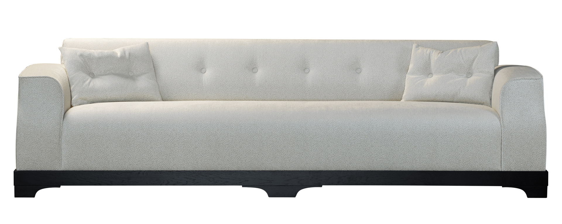 Mogador is a wooden sofa covered in fabric or leather with capitonnè backrest and cushions, from Promemoria's catalogue | Promemoria