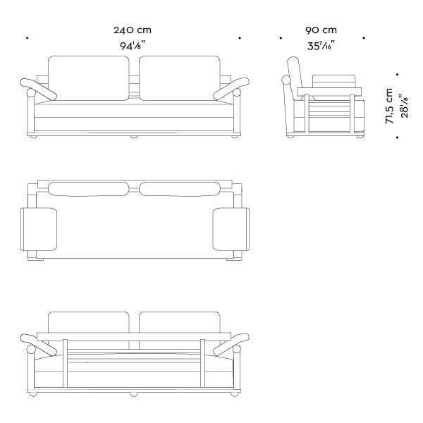 Dimensions of Nocturne, a wooden sofa covered in fabric or leather, from Promemoria's Night Tales collection | Promemoria