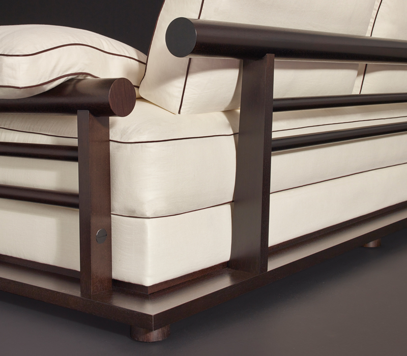 Wooden structure detail of Nocturne, a sofa covered in fabric or leather, from Promemoria's Night Tales collection | Promemoria