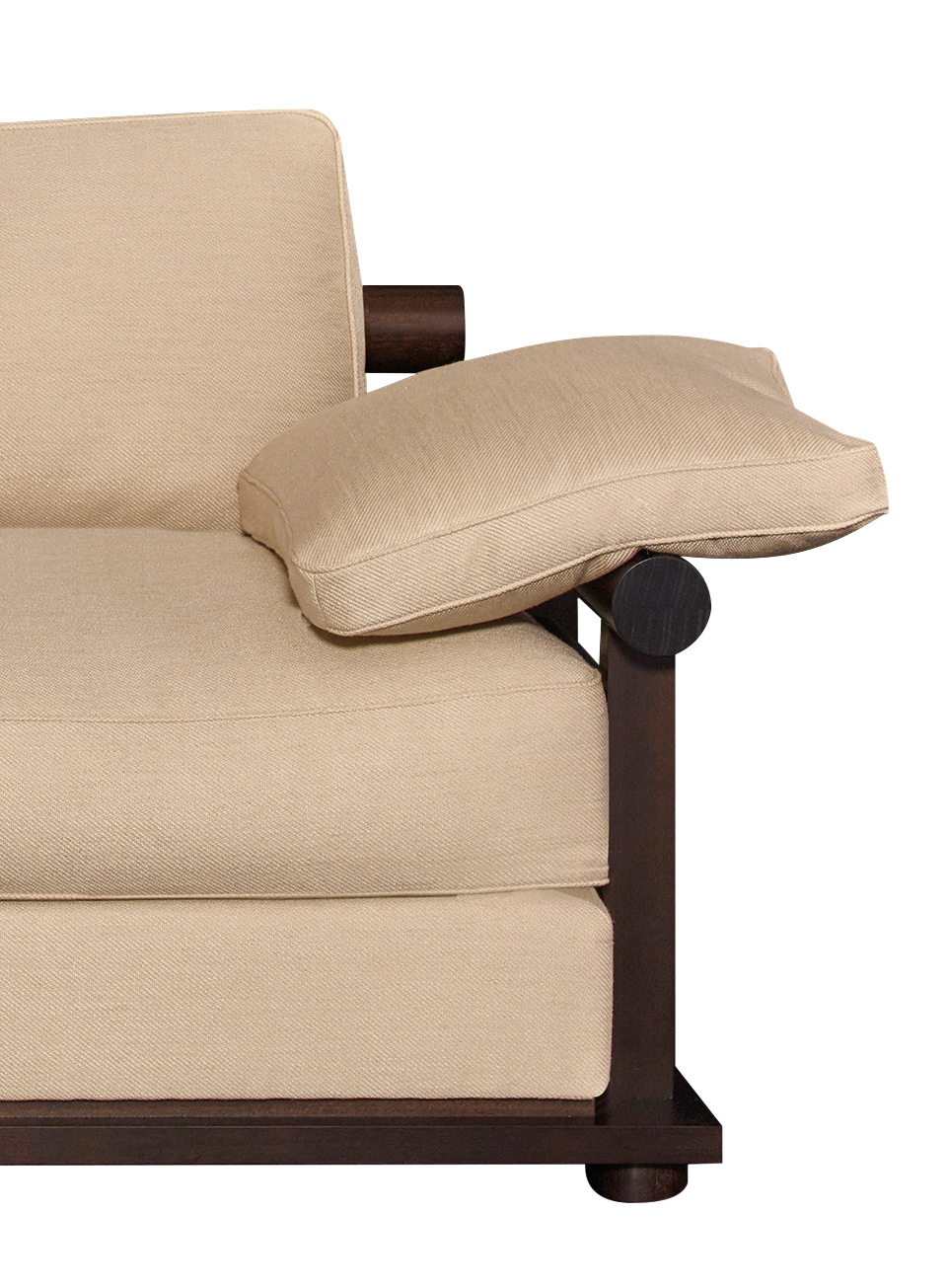 Detail of Nocturne, a wooden sofa covered in fabric or leather, from Promemoria's Night Tales collection | Promemoria