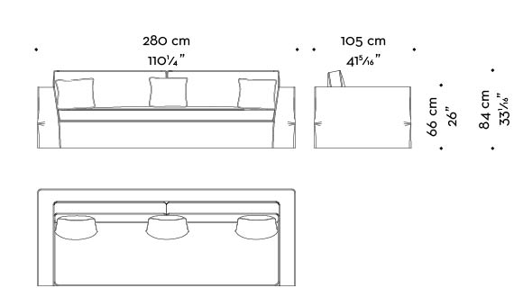 Dimensions of Oscar, a sofa completely covered in removable fabric, from Promemoria's catalogue | Promemoria