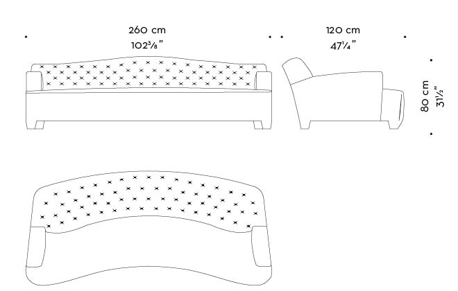 Dimensions of Rodolfo, a sofa covered in velvet with a capitonnè backrest, from Promemoria's catalogue | Promemoria