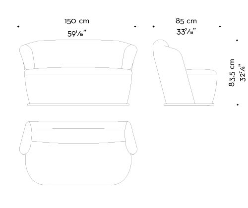 Dimensions of Rosaspina, a sofa covered in fabric and leather with a metal base, from Promemoria's catalogue | Promemoria