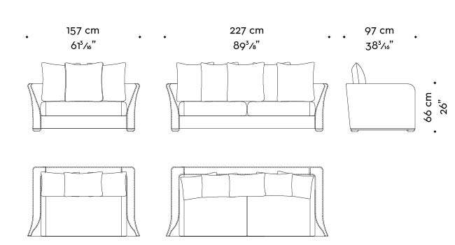 Dimensions of Shangri-la, a wooden sofa covered in leather and fabric, from Promemoria's catalogue | Promemoria