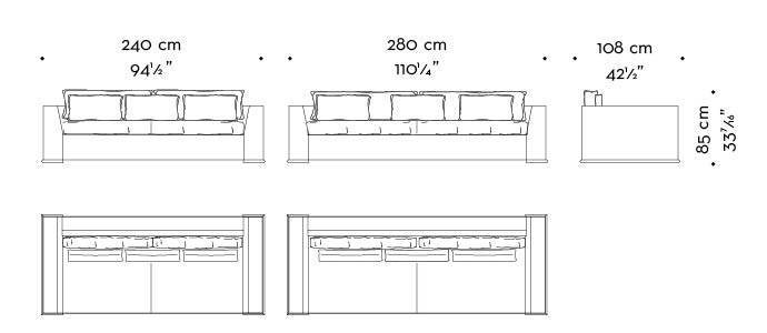 Dimensions of Ulderico, a wooden sofa covered in fabric from Promemoria's catalogue | Promemoria