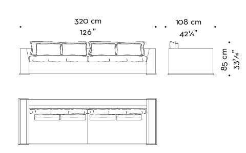Dimensioni di Ulderico, divano in legno rivestito in tessuto del catalogo di Promemoria | Promemoria