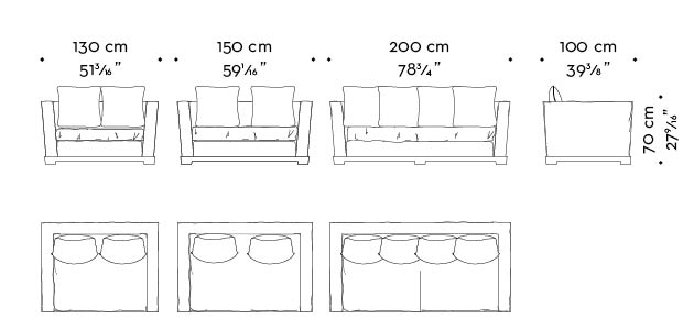Dimensions of Wanda, a classic wooden sofa covered in fabric, from Promemoria's catalogue | Promemoria