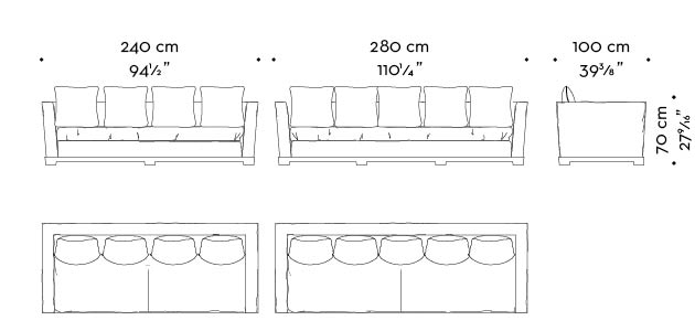 Dimensions of Wanda, a classic wooden sofa covered in fabric, from Promemoria's catalogue | Promemoria