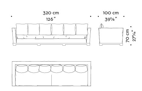 Dimensions of Wanda, a classic wooden sofa covered in fabric, from Promemoria's catalogue | Promemoria