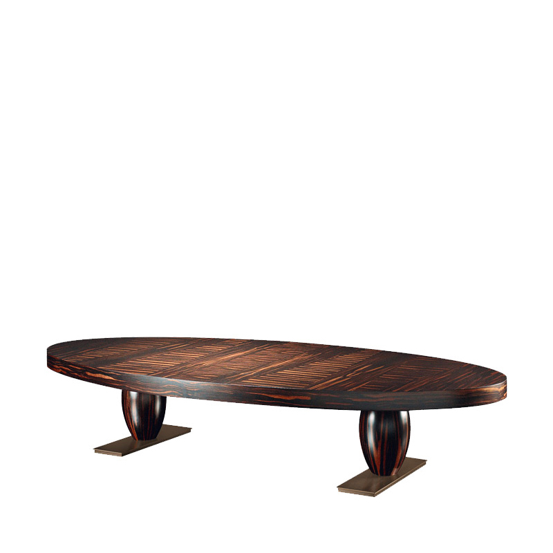 Bassano is an elliptical or rectangular bronze coffee table, covered in leather or inlaid top, from Promemoria's catalogue | Promemoria
