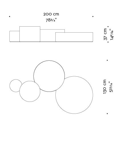 Dimensions of Edon, a bronze coffee table, with four units embedded, from Promemoria's Indigo Tales collection | Promemoria