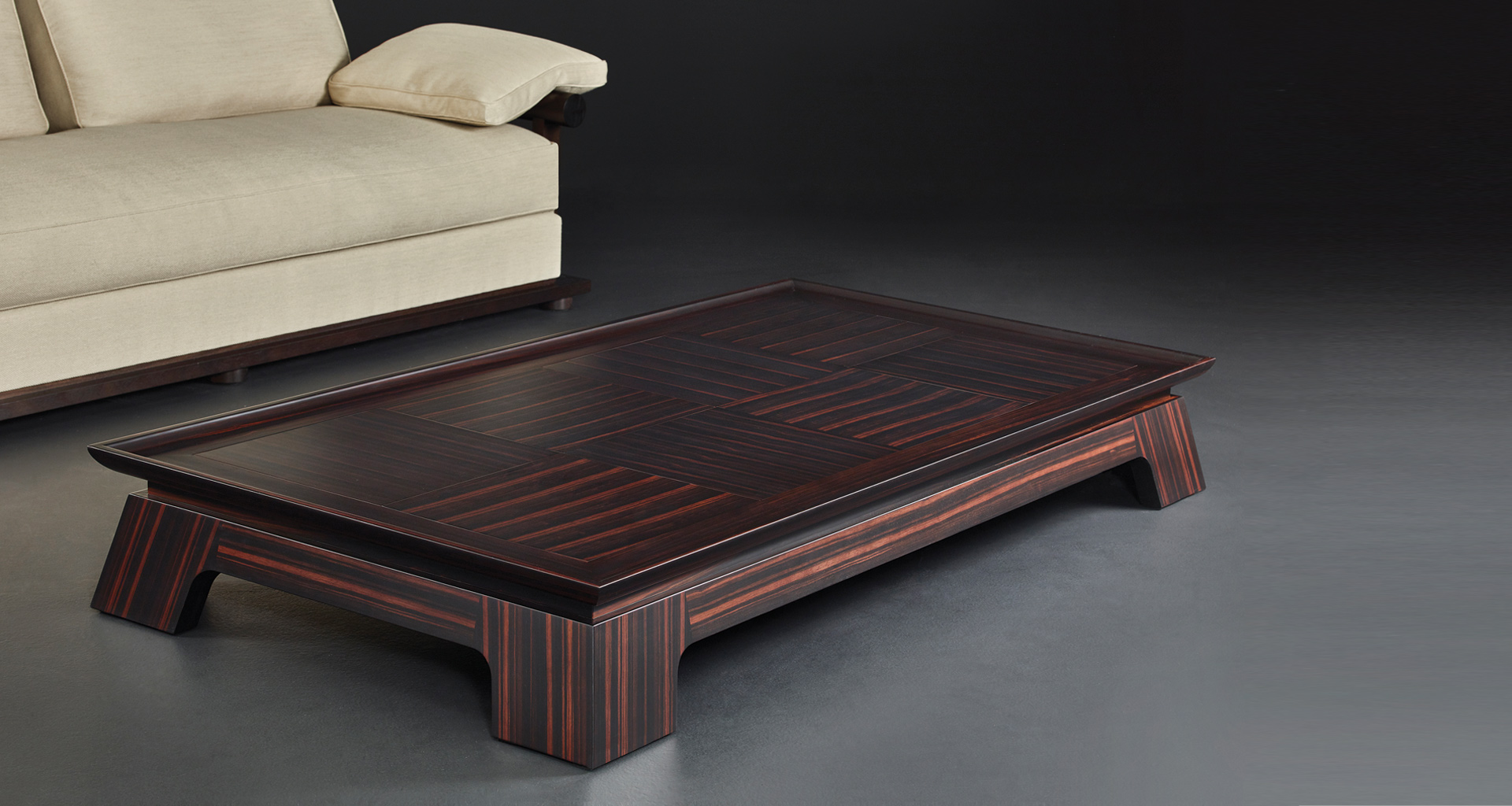 Plenilune is an impressive wooden coffee table available with leather, bronze or marble top interior, from Promemoria's catalogue | Promemoria