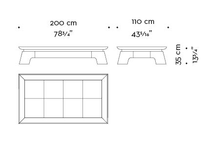 Dimensioni di Plenilune, tavolo basso in legno imponente, disponibile con interno del top in pelle, bronzo o marmo, del catalogo di Promemoria | Promemoria