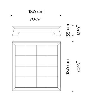 Dimensions of Plenilune, an impressive wooden coffee table available with leather, bronze or marble top interior, from Promemoria's catalogue | Promemoria