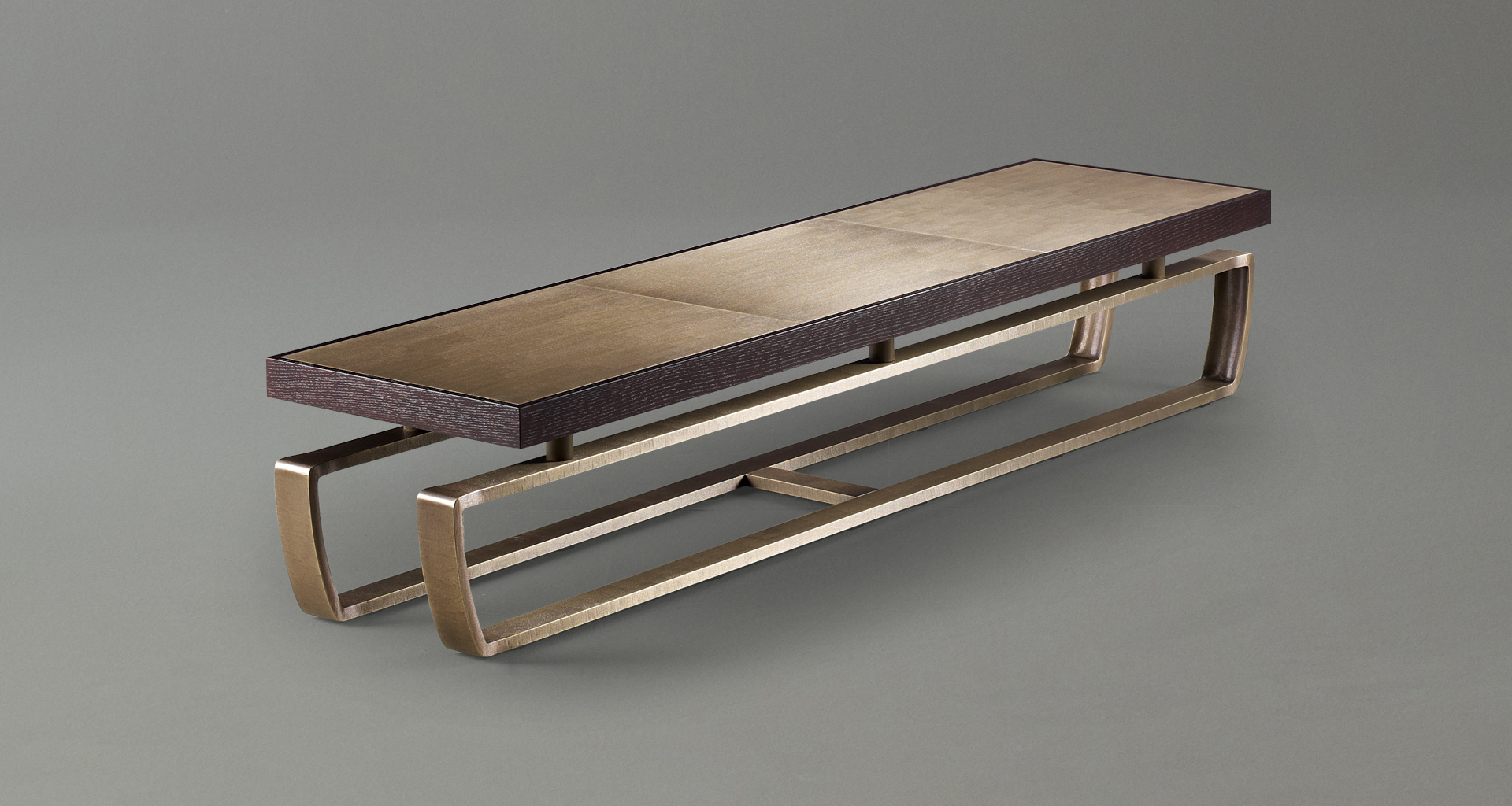 Saint Moritz is a coffee table with wooden top and bronze base, from Promemoria's catalogue | Promemoria
