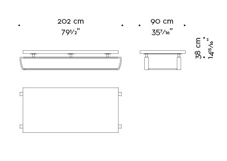 Dimensions of Saint Moritz, a coffee table with wooden top and bronze base, from Promemoria's catalogue | Promemoria