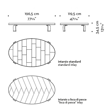 Dimensions of Sumo, an oval coffee table with wooden top and bronze legs, from Promemoria's Sun Tales collection | Promemoria