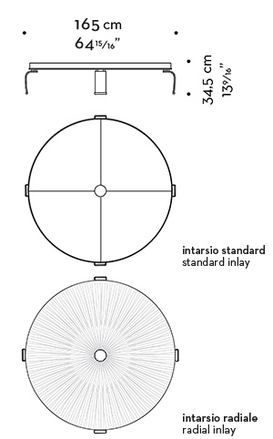 Dimensions of Sumo, an circular coffee table with wooden top and bronze legs, from Promemoria's Sun Tales collection | Promemoria