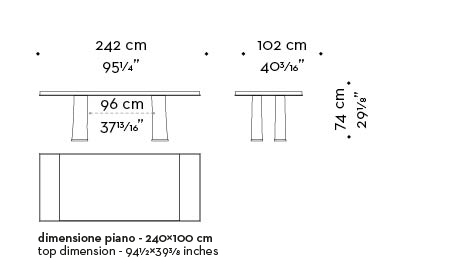 Dimensions of Andalù, a wooden dining table with bronze profile and feet, from Promemoria's catalogue | Promemoria