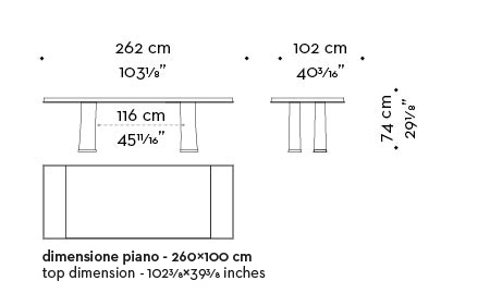 Dimensions of Andalù, a wooden dining table with bronze profile and feet, from Promemoria's catalogue | Promemoria