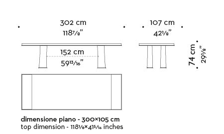 Dimensions of Andalù, a wooden dining table with bronze profile and feet, from Promemoria's catalogue | Promemoria
