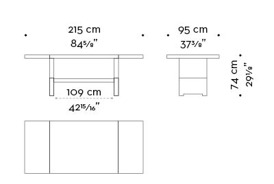 Dimensions of Bamboo, a wooden dining table with a bronze base, from Promemoria's catalogue | Promemoria