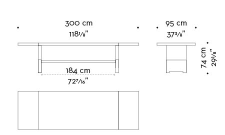 Dimensions of Bamboo, a wooden dining table with a bronze base, from Promemoria's catalogue | Promemoria
