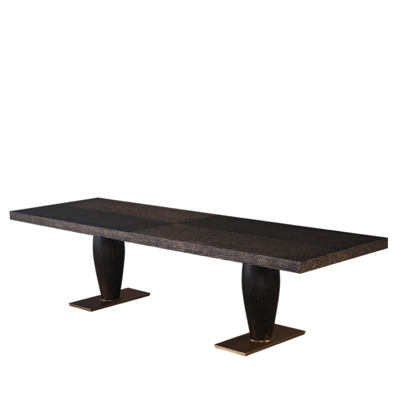 Bassano is an impressive wooden dining table with a bronze base available with inlaid top, from Promemoria's catalogue | Promemoria
