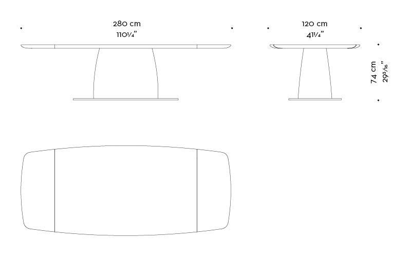 Dimensions of Gerardo, a wooden dining table with a bronze base and rounded and fluted profiles, from Promemoria's Indigo Tales collection | Promemoria
