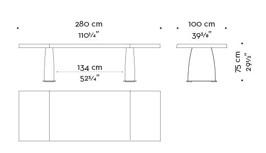 Dimensions of Goffredo, a wooden dining table with a bronze base and checked or striped top, from Promemoria's catalogue | Promemoria