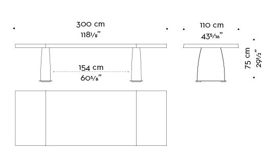 Dimensions of Goffredo, a wooden dining table with a bronze base and checked or striped top, from Promemoria's catalogue | Promemoria