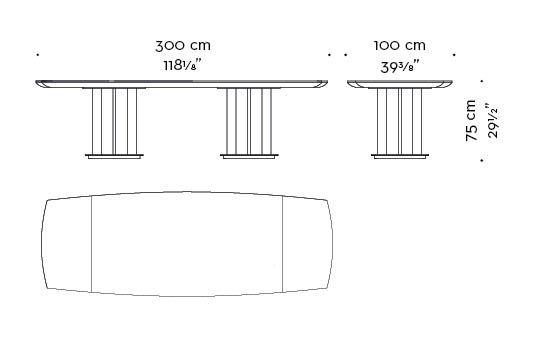 Dimensions of Orazio, a wooden and bronze dining table, from Promemoria's Amaranthine Tales collection | Promemoria