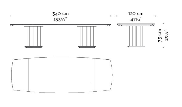 Dimensions of Orazio, a wooden and bronze dining table, from Promemoria's Amaranthine Tales collection | Promemoria